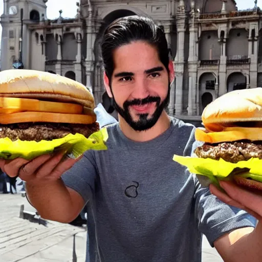 Prompt: isco alarcon eating a hamburguer in la plaza de espana ( sevilla )