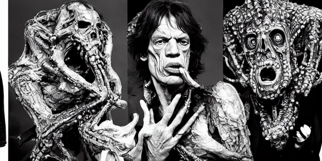 Image similar to mick jagger has an hp lovecraft fantasy horror dream, style of h.r. giger,