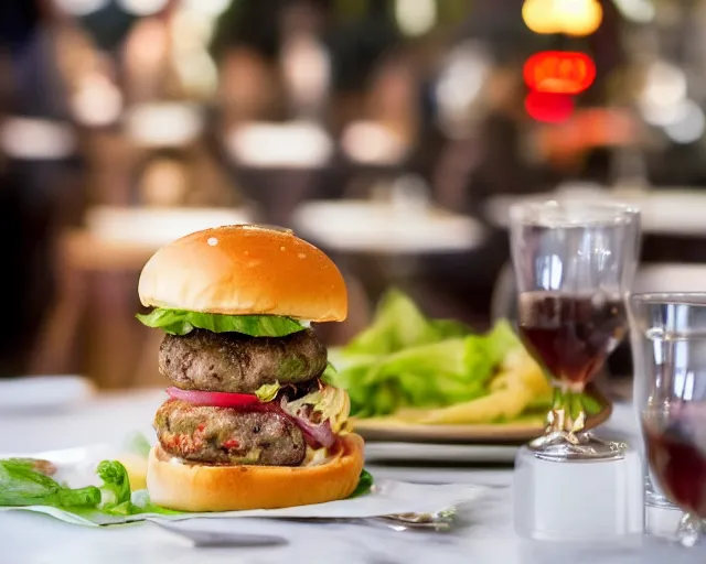 Prompt: 8 5 mm food photography of a cockroaches burger at a restaurant with dof and bokeh and wine glasses out of focus in the background. highly detailed 8 k. intricate. lifelike. soft diffused light. nikon d 8 5 0.