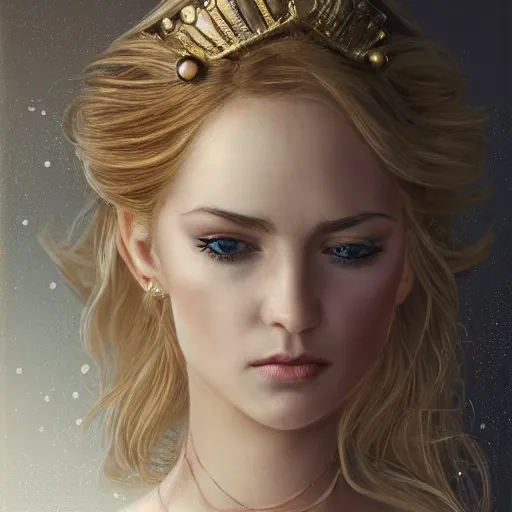 Prompt: centered detailed portrait of a beautiful princess looks like from bridgeton with blond hairs, realistic character concept, identical eyes, gazing eyes, beautiful eyes medium shot, elegant pose, fantasy, illustration, slender symmetrical face and body, artstation, cinematic lighting, hyperdetailed, cgsociety, 8k Resolution, high resolution, Charlie Bowater, Tom Bagshaw, Tom Richmond, single face, insanely detailed and intricate, beautiful, elegant, golden ratio, bloom and flowers in background, vfx, psychadelic.