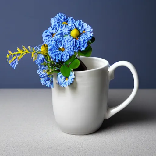 Image similar to clay mug on a white surface surrounded by a plethora of blue and white flowers, bright white realistic, up close shot, white background, zen, light, modern minimalist f 2 0