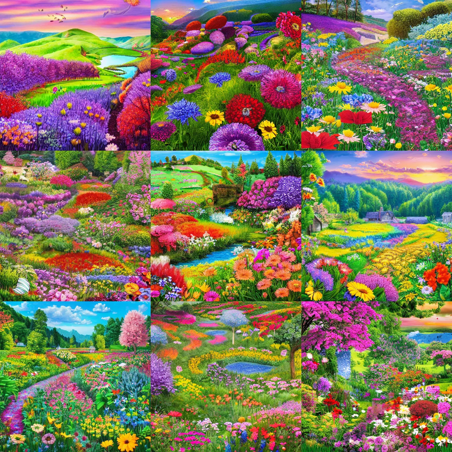 Prompt: a jigsaw puzzle of a flowery landscape