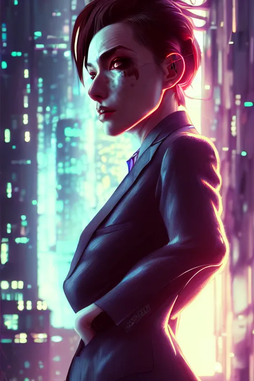 Prompt: hyperdetailed close portrait of a european woman in a worn out suit in a cyberpunk city inspired by ross tran and wlop and masamune shirow and kuvshinov, concept art, intricate, photorealistic, octane render, rtx, hdr, unreal engine, dnd digital art by artgerm