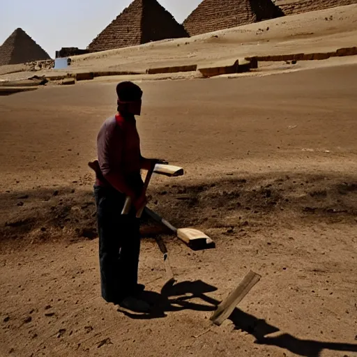 Image similar to a man cutting wood in front of egypt pyramids