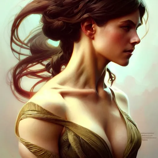 Image similar to actress, muscular upper body, D&D, fantasy, intricate, elegant, highly detailed, digital painting, artstation, concept art, smooth, sharp focus, illustration, art by artgerm and greg rutkowski and alphonse mucha
