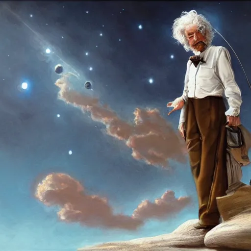 Image similar to mark twain stands at the edge of the universe, artgerm