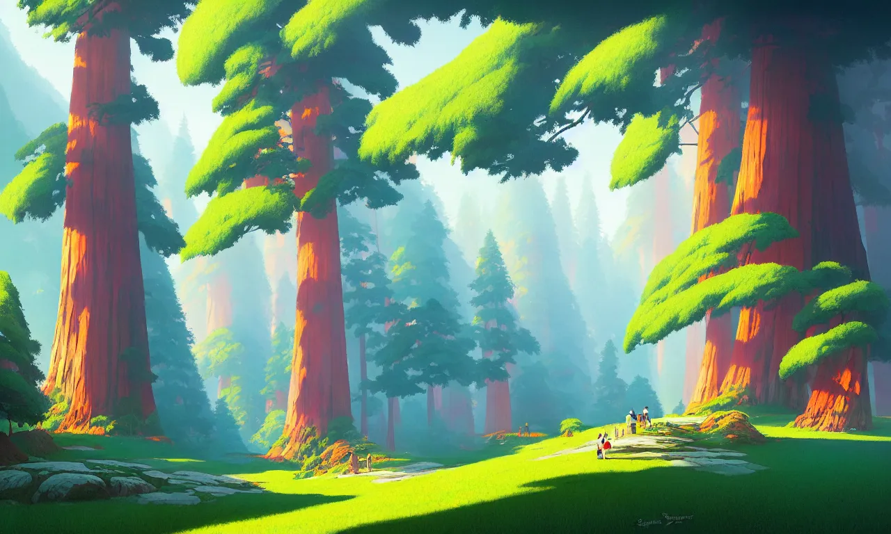 Image similar to Sequoia park in a colorful moutain with beautiful trees , no people, morning, by studio ghibli painting, superior quality, masterpiece, traditional Japanese colors, by Grzegorz Rutkowski, concept art