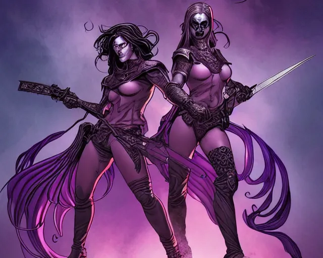 Image similar to fantasy comic cover art of female antihero wearing all battling grim reapers in a purple post apocalyptic hellscape, detailed faces, illustration by jenny frison and sana takeda and kenichi sonoda, intricate details, stunning inking lines, stunning gradient colors, 4 k, hd, artstation, award winning