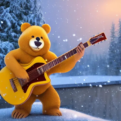 Image similar to smiling brown bear playing yellow Gibson Flying-V guitar in hat in winter at streets of Moscow, sharp focus, fantasy style, octane render, volumetric lighting, 8k high definition, by greg rutkowski, highly detailed, trending on art Station