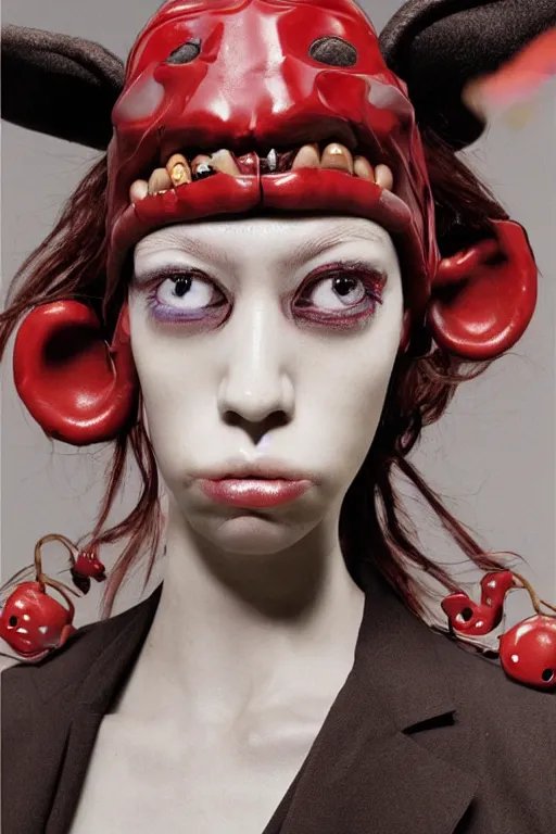 Image similar to comme des garcons campaign featuring jar jar binks as a female cowgirl, long eyeslashes, huge juicy lips, big seductive eyes, unprocessed colors, # nofilter, realistic vfx simulation