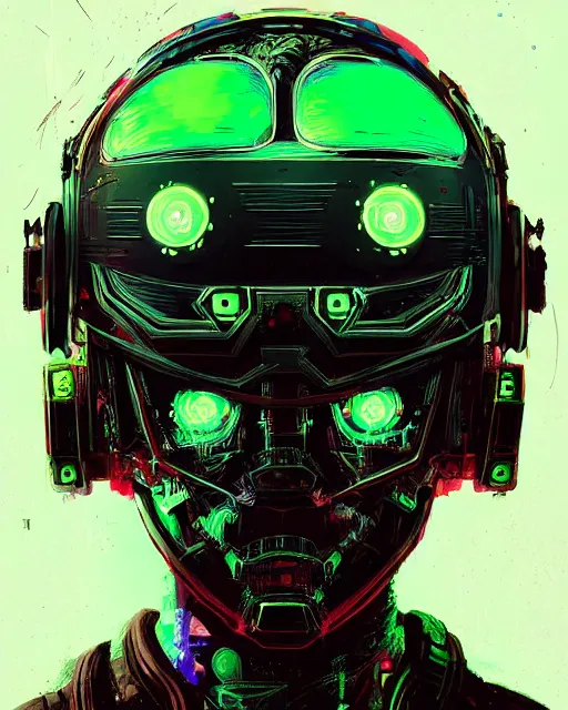 Image similar to detailed portrait cyberpunk helmet futuristic neon, reflective green coats, decorated with traditional japanese ornaments by Ismail inceoglu dragan bibin hans thoma greg rutkowski Alexandros Pyromallis Nekro Rene Maritte Illustrated, Perfect face, fine details, realistic shaded, fine-face, pretty face