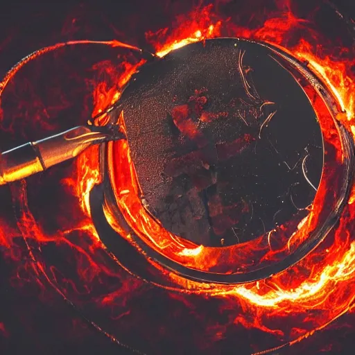 Prompt: red hot frying pan with bacon, tangles of metallic cables, dark messy smoke - filled cluttered workshop, dark, dramatic lighting, orange tint, sparks, plasma charges, cinematic, highly detailed, sci - fi, futuristic, movie still