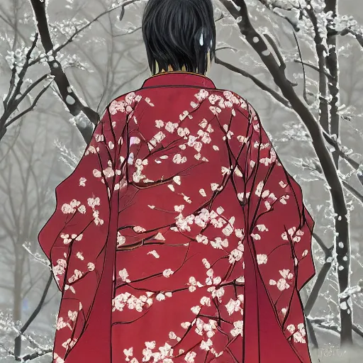 Image similar to detailed portrait of snape samurai with swords, in snow forest sakura cherry blossom, hakama kimono, trending on artstation elite, elegant, luxury, by krenz cushart, junji ito, takato yamamoto, perfect face, fine details, realistic shaded, fine - face, pretty face