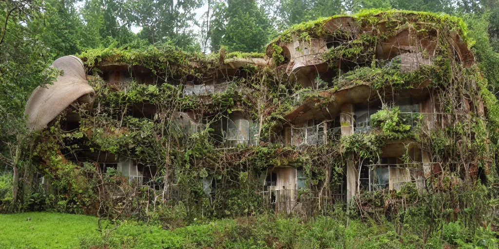 Image similar to multi story house made from enormous mushroom, vines, pacific northwest