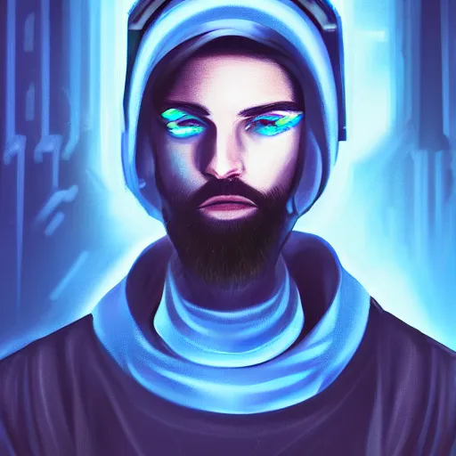 Image similar to a portrait of an ultradetailed futuristic male cyberpunk waring a hoodie, bearded, deep blue eyes, by dylan kowalski, 8 k, digital painting