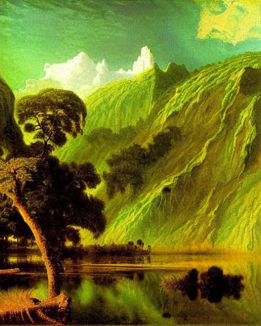 Image similar to Fibonacci lake, golden ratio, nature lanscape, by Albert Bierstadt, Affandi