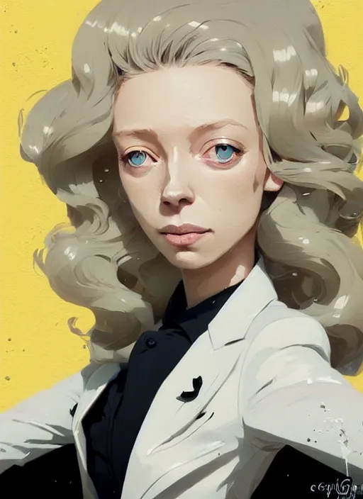 Image similar to highly detailed closeup portrait of beautiful portia doubleday, blonde wavy hair, angela moss, white suit by atey ghailan, by greg rutkowski, by greg tocchini, by james gilleard, by joe fenton, by kaethe butcher, gradient yellow, black and white color scheme, grunge aesthetic!!! ( ( graffiti tag wall background ) )