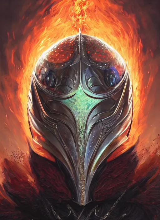 Prompt: highly detailed portrait of knight's helmet reflecting red dragon reflection detailed, 8 k blocking flames fire, green eyes, fantasy art by by simon bisley, loish, rhads, ferdinand knab, and lois van baarle, ilya kuvshinov, rossdraws, tom bagshaw, global illumination, radiant light, detailed and intricate environment