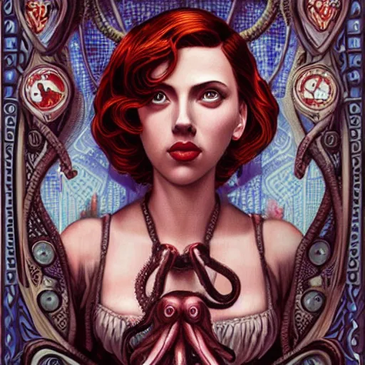 Image similar to underwater bioshock lovecrafian victorian portrait of scarlett johansson, octopus, Pixar style, by Tristan Eaton Stanley Artgerm and Tom Bagshaw.