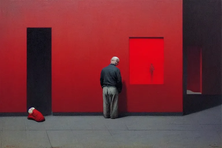 Image similar to only with red, a red old man try to sell a portrait, in a square, crowd cheers, in the style of beksinski, parts by edward hopper, parts by rodcenko, parts by yue minjun, intricate and epic composition, red by caravaggio, insanely quality, highly detailed, masterpiece, red light, artstation, 4 k