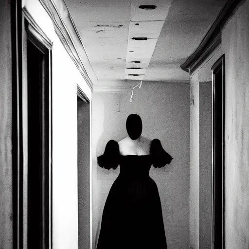 Image similar to creepy ghost woman in a corset standing at the end of a dark hallway