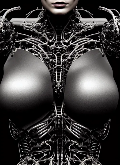 Image similar to organic cyborg full frontal torso close-up, vivid blackest black satin plastic, diffuse lighting, fantasy, intricate, elegant, highly detailed, lifelike, photorealistic, digital painting, artstation, illustration, concept art, smooth, sharp focus, art by John Collier and Albert Aublet and Krenz Cushart and Artem Demura and Alphonse Mucha