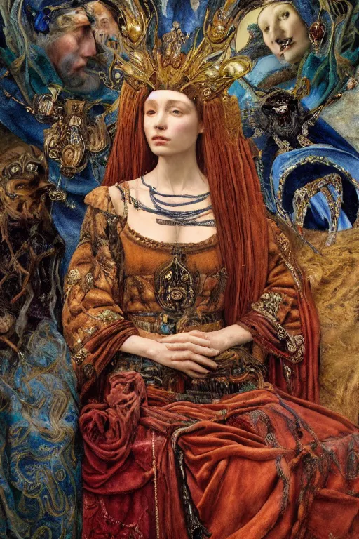 Image similar to coronation portrait of the last queen of the dawn mountains, by Donato Giancola and Annie Swynnerton and John Bauer and John William Godward and Vermeer, embroidered velvet, iridescent beetles, rich color, ornate headdress, flowing robes, lost runes, ancient civilizations, dramatic cinematic lighting, featured on Artstation, cgisociety, unreal engine, extremely detailed