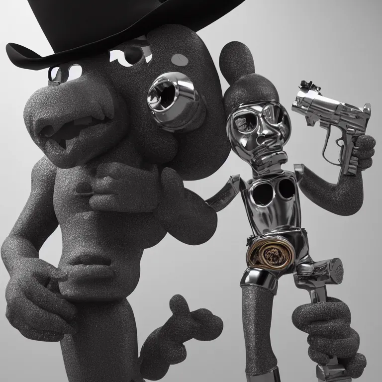 Image similar to octane render portrait by wayne barlow and carlo crivelli and glenn fabry, a man wearing a giant foam cowboy mascot costume holding a giant reflective shiny chrome revolver with smoke coming out of the barrel, cinema 4 d, ray traced lighting, very short depth of field, bokeh