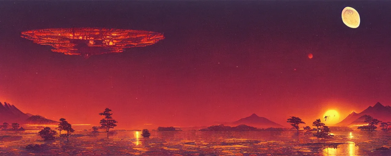 Prompt: awe inspiring bruce pennington landscape, digital art painting of 1 9 6 0 s, japan at night, 4 k, 8 k, detailed