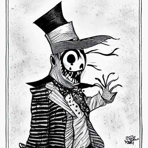 Image similar to a Pop Wonder scary horror themed goofy-hilarious-character Mad-Hatter-babadook-wearing a scarf, 3-piece-suit, dime-store-comic drawn with charcoal and pen and ink, half-tone-line-stacking