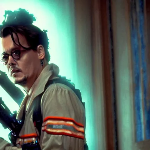 Prompt: Johnny Depp as a Ghostbuster in the movie Ghostbusters movie still 8k hdr moody lighting