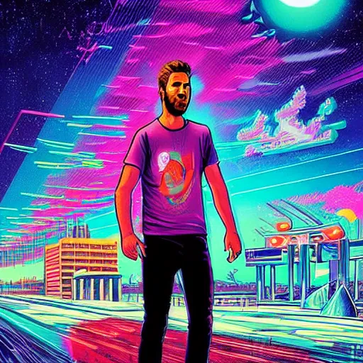 Image similar to a portrait of a Rayan Gosling with thunders in the sky in a future cybernetic city, outrun style and colours, trending on arstation, by dan mumford, by ross tran