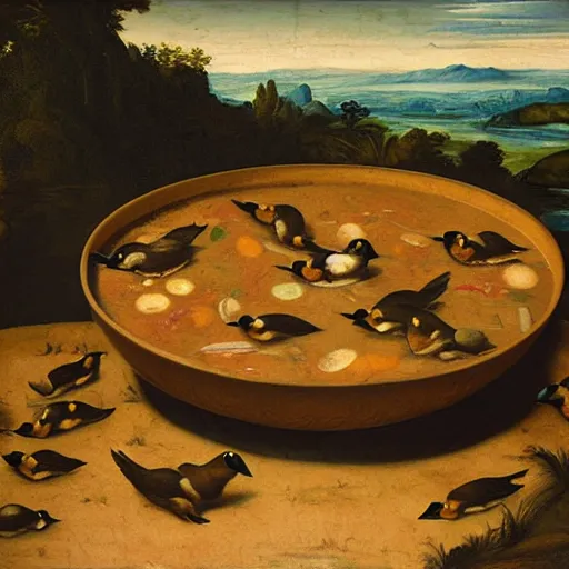 Image similar to ducks swimming in a big bowl of soup, renaissance painting, morning lighting, 8k