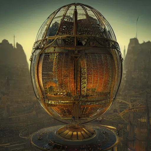 Prompt: enormous flying steampunk city in a faberge egg, sky, fantasy art, unreal engine,