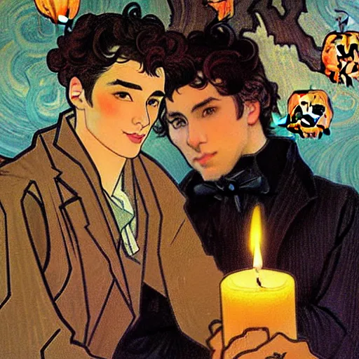 Image similar to painting of young cute handsome beautiful dark medium wavy hair man in his 2 0 s named shadow taehyung and cute handsome beautiful min - jun together at the halloween! party, bubbling cauldron!, candles!, smoke, autumn! colors, elegant, wearing suits!, delicate facial features, art by alphonse mucha, vincent van gogh, egon schiele