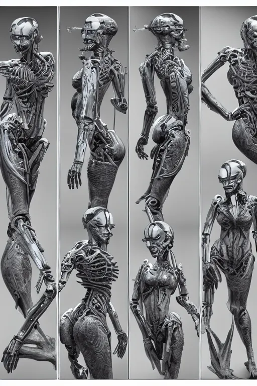 Prompt: cyborg mermaid with gunmetal grey skin, medical anatomy, very symmetrical face, highly detailed, mecha, three - perspective / three - view reference sheet ( front / back / side ), in the style of james gurney, dan ouellette, hr giger, sil from species, dren from splice, biomechanical, artstation, unreal engine