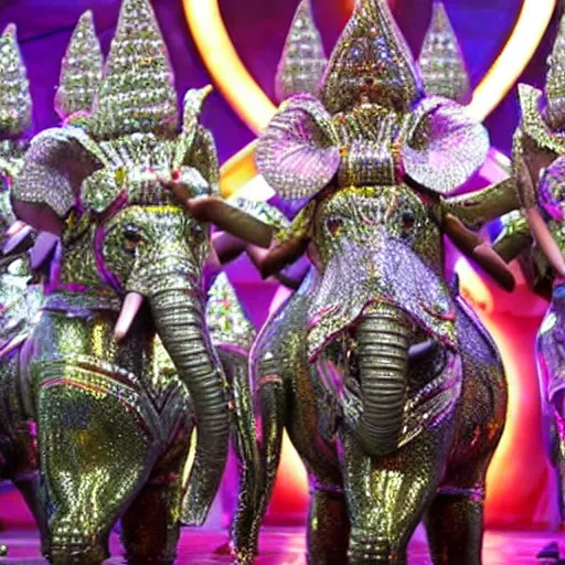 Prompt: bollywood movie, an elephant wearing a silver latex suit and an iridescent metal helmet surrounded by women dancing in colorful flowing intricate dresses on a tropical alien planet