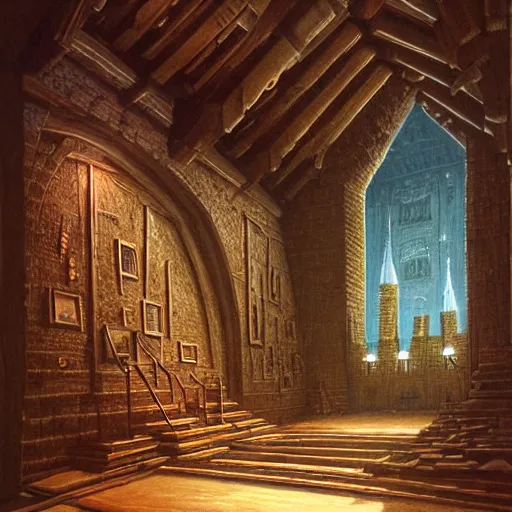 Image similar to The interior of the tower was very large and spacious. The floors were made of dark wood, the walls were covered in bright paintings, and the furniture was simple and elegant. The room was lit by magical lights, which were placed around the room in various places to provide light. fantasy, artwork by Marc Simonetti, artwork by Ted Nasmith, Ted Nasmith and Marc Simonetti, 8K, D&D concept art, D&D wallpaper