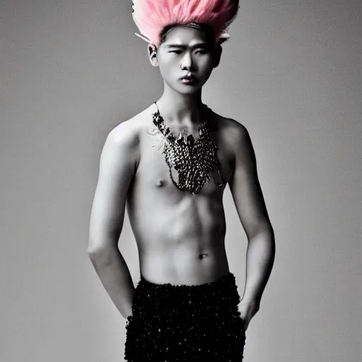 Image similar to a beautiful young male asian model wearing a headpiece made by maiko takeda, photoshot by erwin olaf