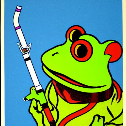 Image similar to A 1980s informational poster from a convention center displaying a cool toad smoking a cigarette. highly detailed, sharp focus, HQ, post grunge, subtle colors.