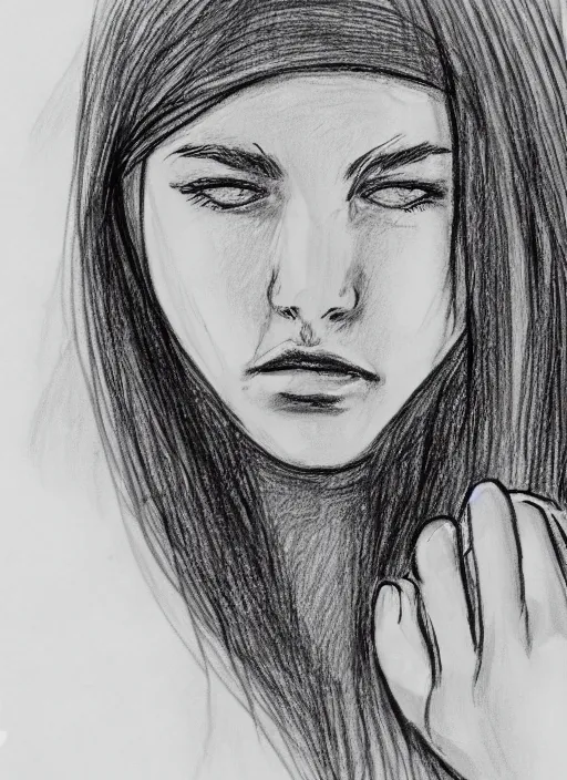 Prompt: high quality sketch of a girl supporting her head with her hands. close up