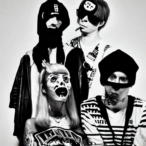 Image similar to bandphoto of chiptune band, in the style of billelis and james jean and pedro conti and stanley kubrick, inspired by die antwoord, black and white, photorealistic, epic, super technical, 3 d render