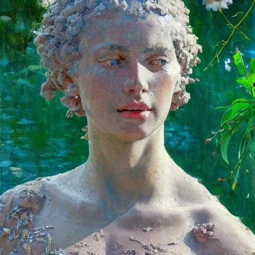 Image similar to a sculpture portrait made of water and sand and flowers and plants, painting part by wojciech siudmak, part by ilya repin, part by max ernst, part by norman rockwell, artstation