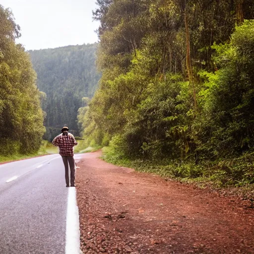 Prompt: A man sitting on a beautiful road in a forest with Nutmeg trees lined up on the side of the road with his back to the camera, professional photography