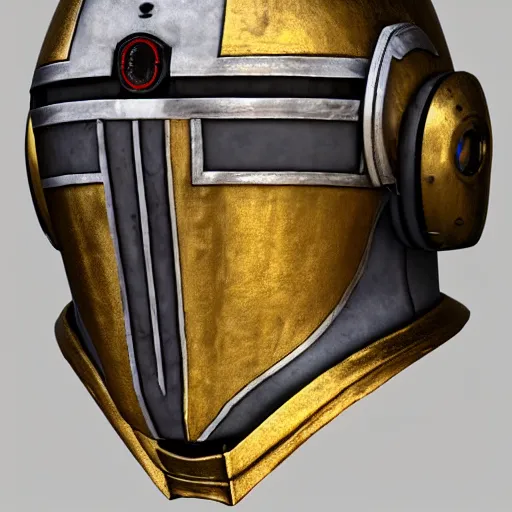 Image similar to realistic templar knight helm design inspired by r 2 d 2, epic scale, character concept art, face symmetry, intricate accurate details, artstation trending, octane render, cinematic color grading, soft light, rule of thirds, golden ratio, like a professional model, cinematic, 8 k, clear.