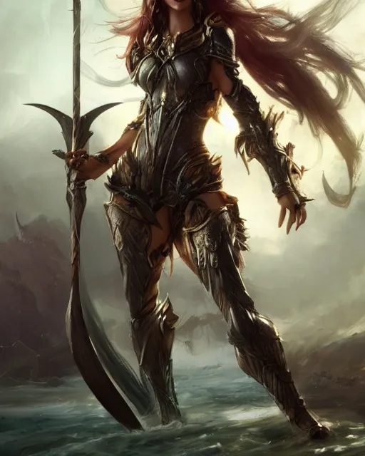 Prompt: game character beautiful sea dragon warrior woman with armor, long hair, holding trident, by Ruan Jia and Gil Elvgren, fullbody