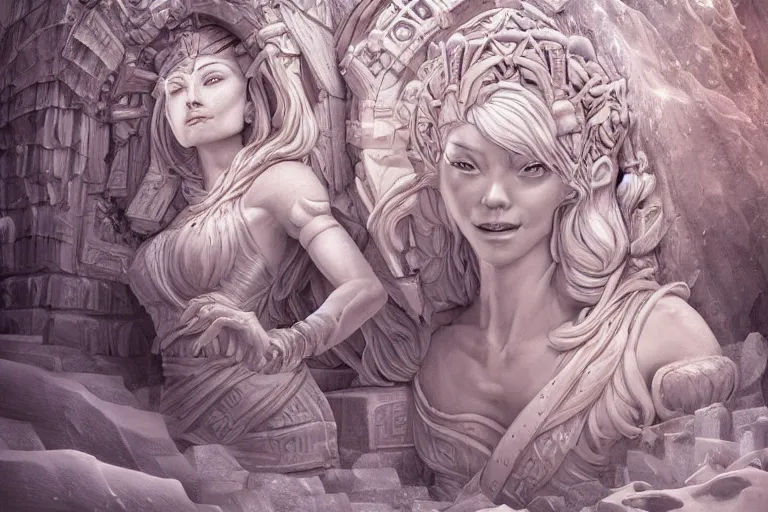 Prompt: a female goddess carved into a giant block of ice in an extradimensional realm, a shrine to worship her at, intricately detailed, physically based rendering, realistic, in the style of artgerm, illustration, epic, fantasy, hyper detailed, artstation, smooth, sharp focus, ray tracing