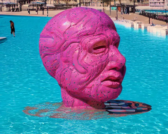 Image similar to a giant abstract sculpture made out of inflatable pool toys in a human head shape, on the surface of the ocean, in the style of chad knight, funny sculpture, long shot, hyper detailed, hyper realistic, ray tracing, 8 k resolution, sharp focus, realistic water, award winning sculpture