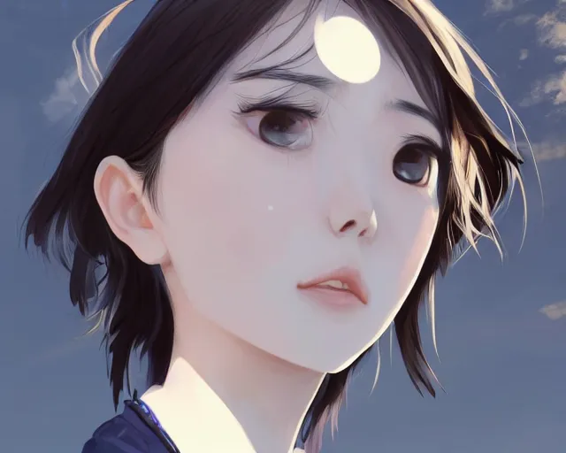 Image similar to teen looking at blue sky, wearing white shirt, cool pose, sharp details, sharp focus, detailed face, illustration, by pine ( ハイネ ) and 薯 子 imoko and 香 川 悠 作 and wlop and maya takamura, highly detailed, trending artstation, pixiv, digital art