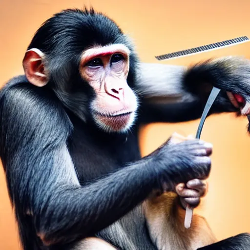 Image similar to a monkey cutting a human samurai's hair.